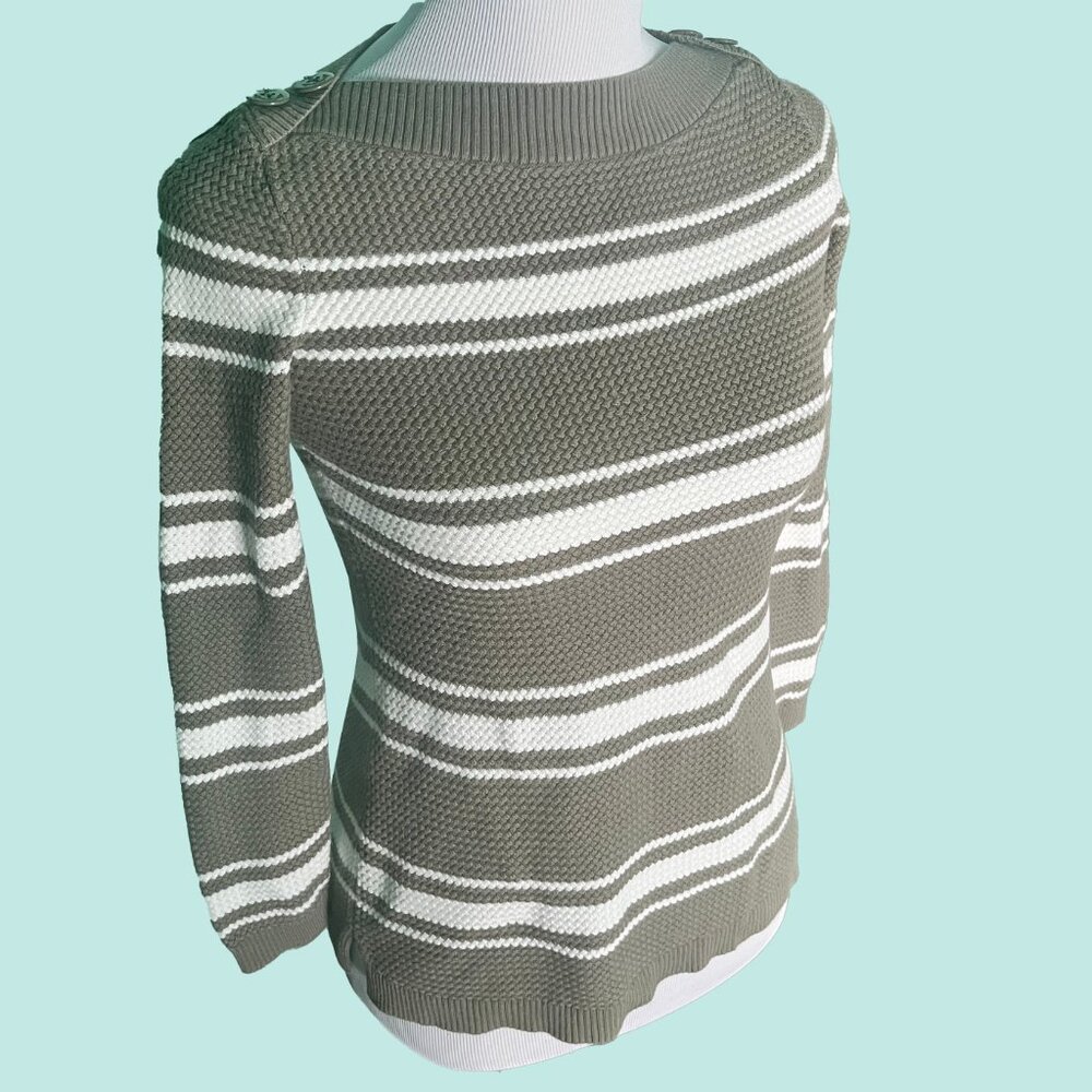 Talbots Petite Three-Quarter Length Sleeve Olive Striped Knit Sweater